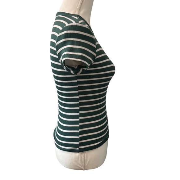 Womans Juniors Green & White Striped Fitted Short Sleeve Ribbed Tee Size Medium - Picture 4 of 10